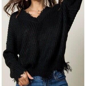 Main Strip Frayed Zig Zag Sweater Black Size S